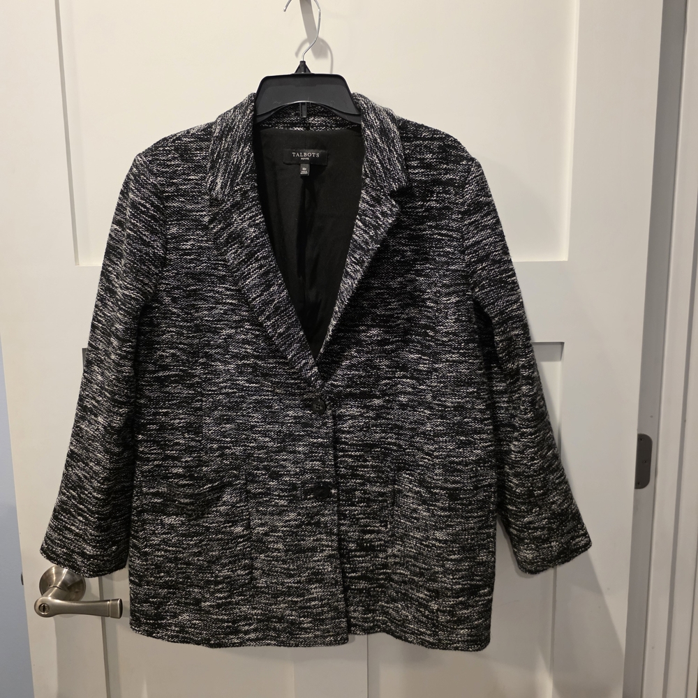 Talbots Womens Black White Marled Tweed Two-Button Blazer Jacket 16P